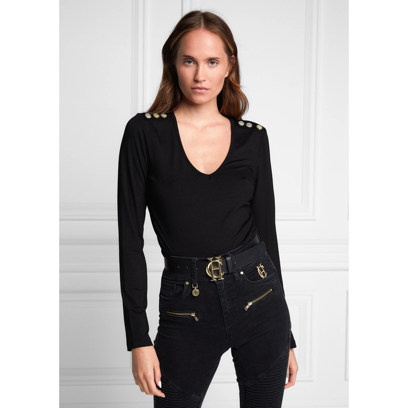 Holland Cooper Long Sleeve Vee Neck Tee - Black